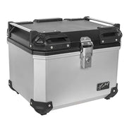 Caja portaequipaje Kinlley 47 L negra y plata con respaldo vista principal