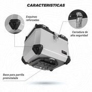 Caja portaequipaje Kinlley 47 L negra y plata con respaldo detalles