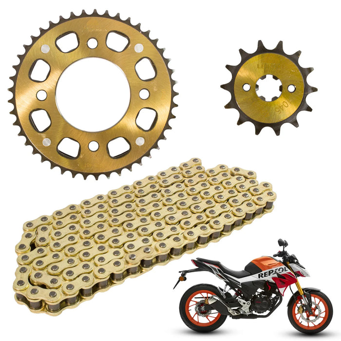 Kit de tracción para CB190 45D y 14D cadena refozada 428 H x 132 L dorada Leiruki