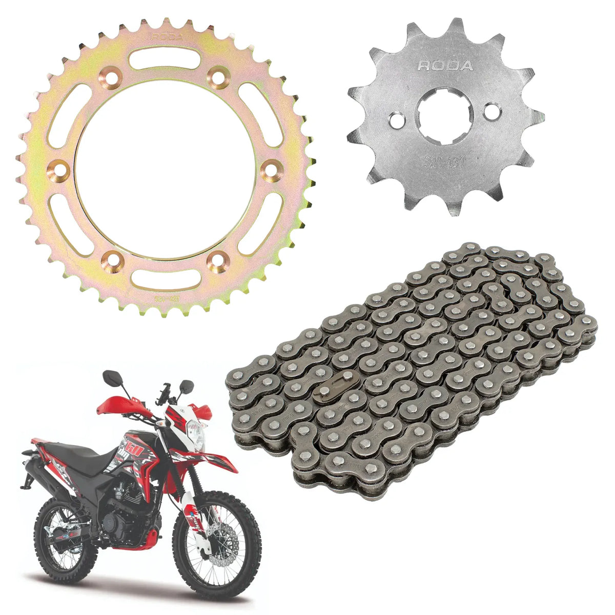 Kit de tracción para Dm150 roja 42x13 cadena 520h x 102l Roda