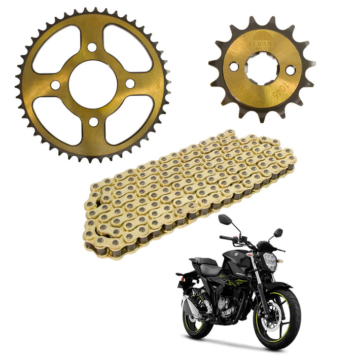 Kit de tracción para Gixxer 155 45D 15D 428H x 132L con cadena reforzada dorada Leiruki